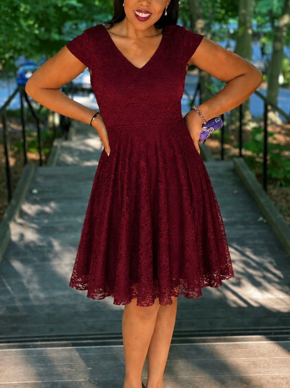 MUADRESS Women’s Burgundy Lace Fit and Flare Dress Cap Sleeves Size Large